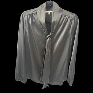 Elegant Black Satin Blouse with Tie Neck